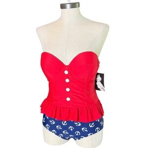 Marilyn Monroe Red Peplum Anchor Print Tankini Swimsuit Set MMTK-100 Large NWT